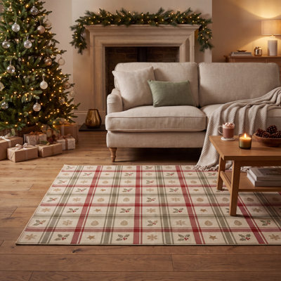 Tapis de Noël Bingol à carreaux modernes rouges, dorés et verts, antidérapant, à poils courts, pour intérieur et extérieur, adapté aux animaux domestiques, salon, chambre, salle à manger, entrée, couloir, bureau, tapis de Noël, paillasson de fête, lavable