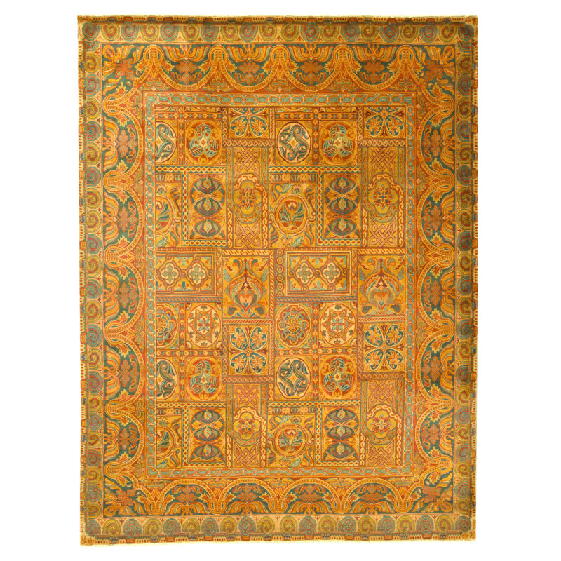 Hand Knotted Wool Oriental Area Rug in Gold And Red