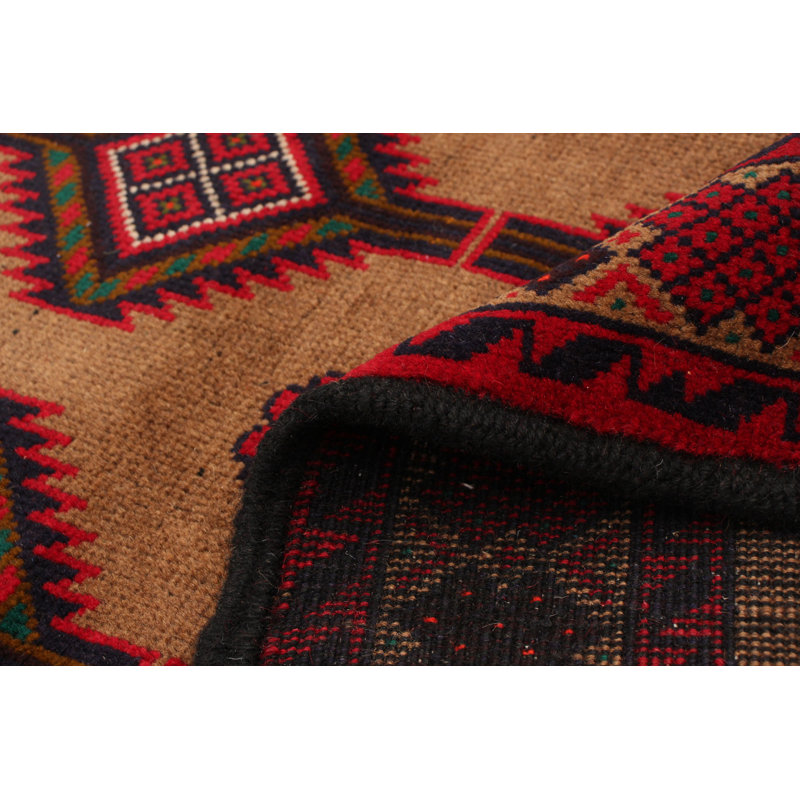 Tapis brun clair / rouge en laine noué à la main