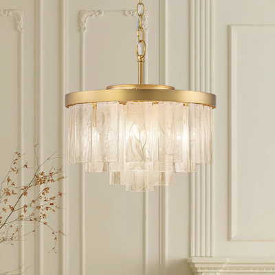 5 - Light Modern Tiered Alabaster Clouded Glass Drum Chandelier