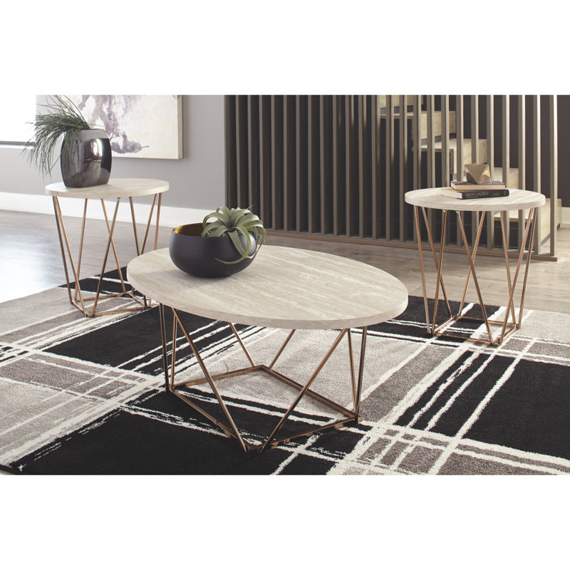 Ensemble de tables basses 3 pièces Lembo, Blanc / Doré