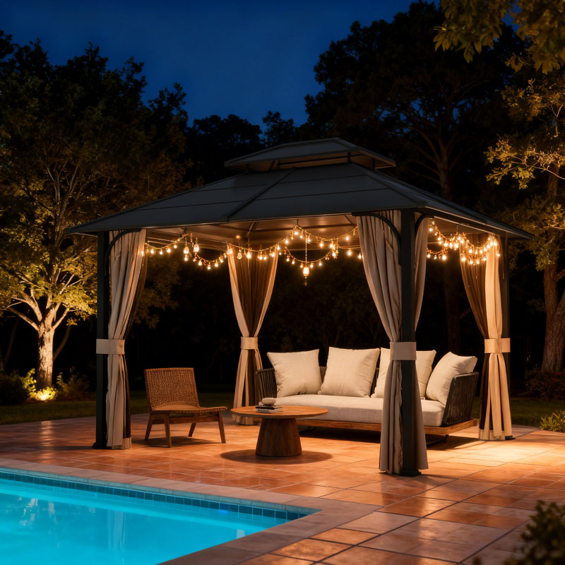 10 x 12ft Hardtop Outdoor Gazebo With Double-layer Roof, Patio Gazebo With Powder-coated Metal Frame, Mosquito Netting & Privacy Curtains–perfect For Patio, Garden & Backyard