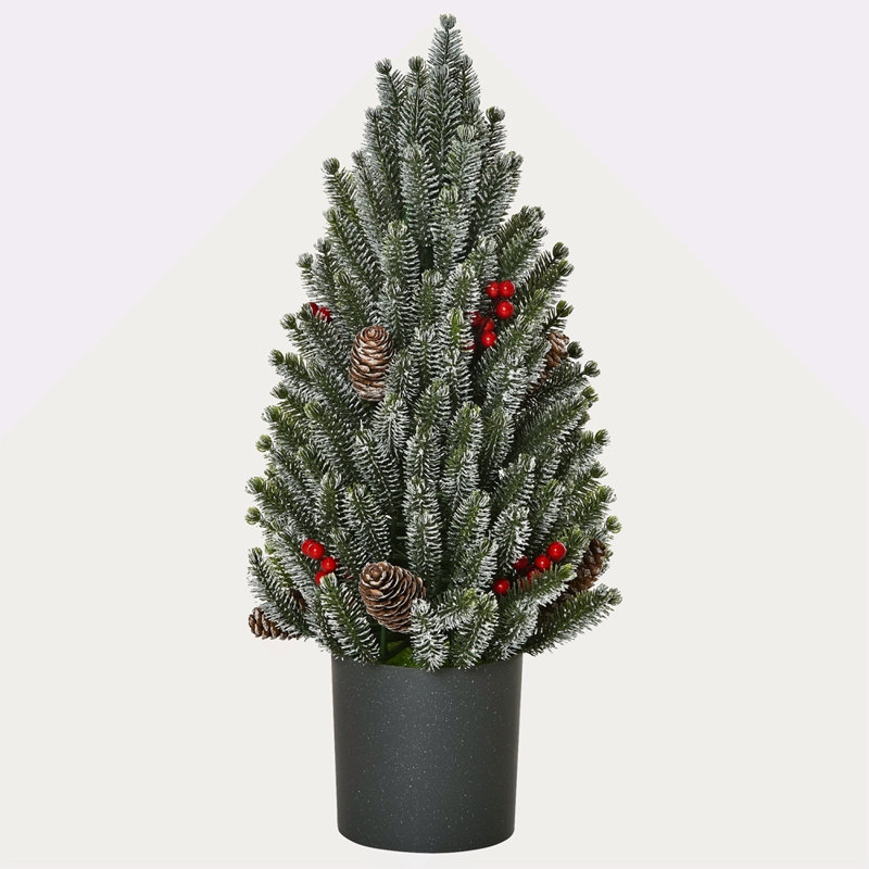 Arbre de Noël artificiel de 18 po de haut miniature enneigé et enneigé, décoration de Noël avec pommes de pin et baies