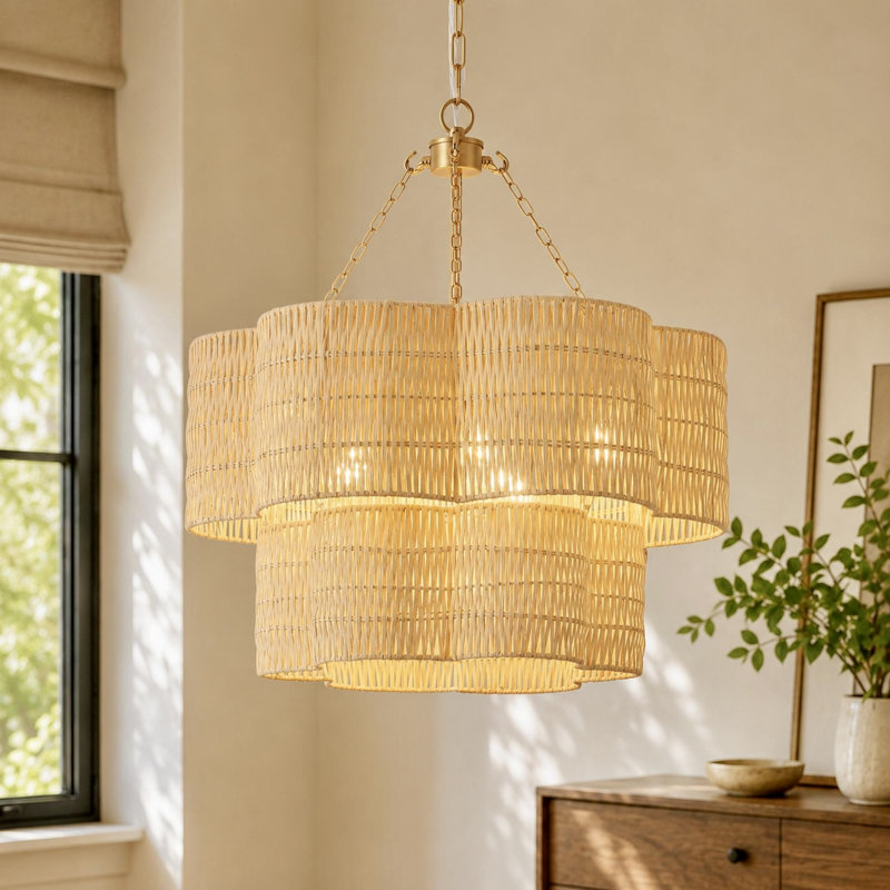 Lustre festonné 20 po à 3 lumières à double abat-jour en rotin, 2 étages