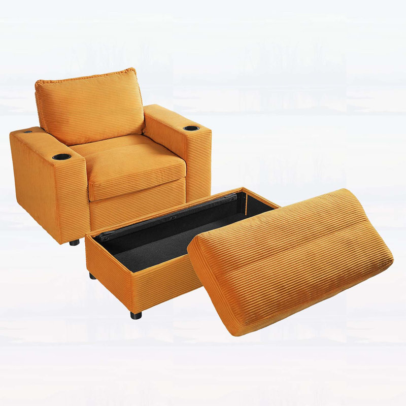 Chaise longue avec repose-pieds avec rangement, canapé-lit avec porte-gobelets et port de chargement USB, Jaune