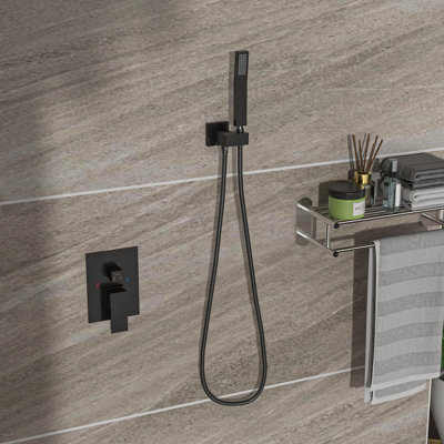 Douche à double fixation au plafond carrée en bronze huilé huilé avec soupape équilibrée, débit d'eau réglable et fonction de fixation facile par la buse en forme, finition, jet de pluie, 360