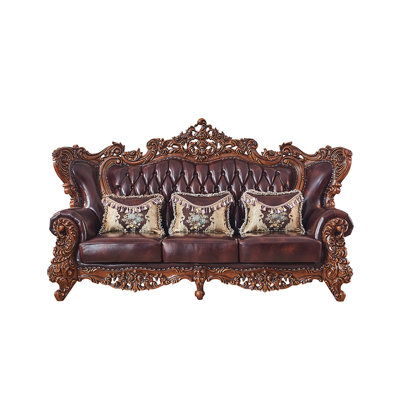 Vintage Carved European-style Leather Sofa 98.42'' Genuine Leather Rolled Arm Sofa -  FURNITURE LEISURE, INC., XJY1Q1D16JW