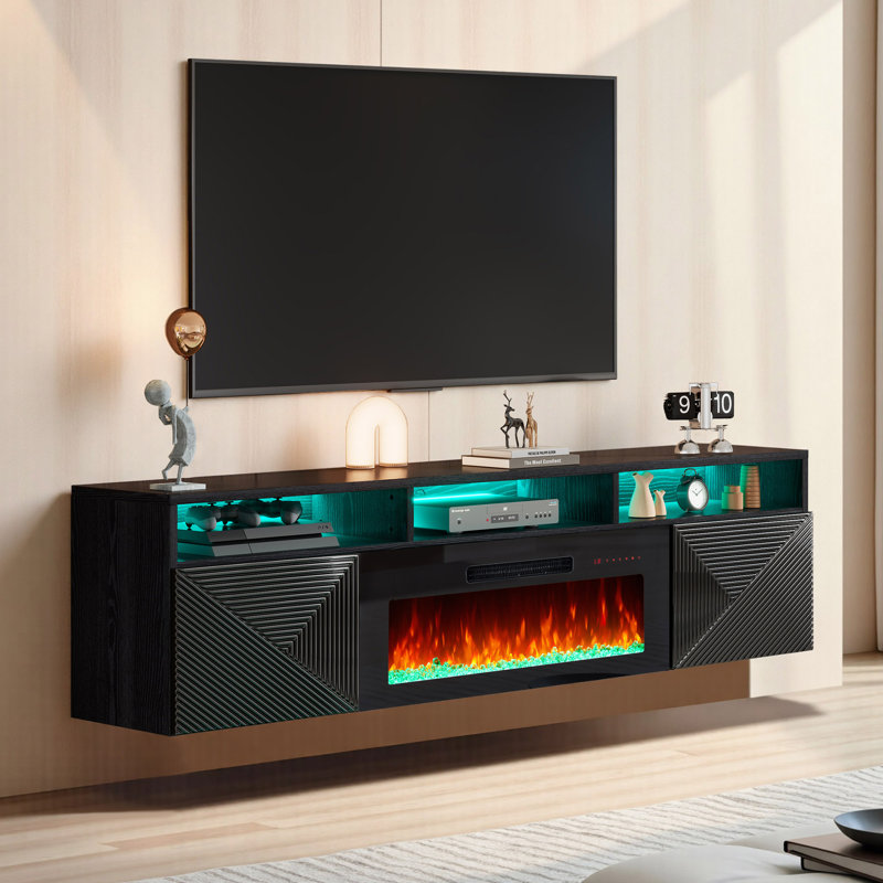 Meuble télé Delphi pour foyer flottant, lumière DEL et 3 tablettes de rangement supplémentaires, 80", Noir