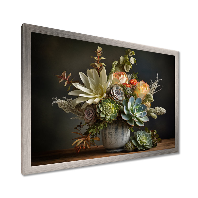Succulent Bouquet Still Life I - Succulent Wall Art Living Room, Cadre simple argenté, H 34 po x l 44 po x P 1,5 po