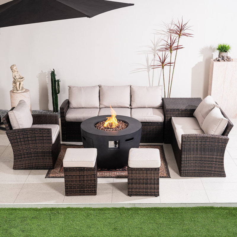 Rebecca Wicker 8 Person Conversation Set With Cushions, Brown
