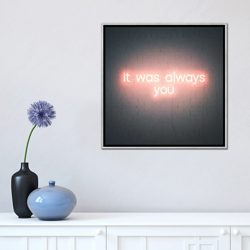 «Neon Love III» par Grace Popp - reproduction d'art textuel, H 18 po x l 18 po x 1,5 po, Toile avec cadre argenté