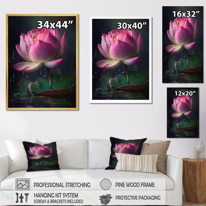 Magnifique lotus rose sur toile, Cadre doré à une seule photo, H 40 po x l 30 po x P 1,5 po