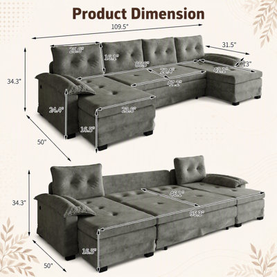 Canapé-lit en forme de U avec lit escamotable, canapé convertible 2-en-1, accoudoirs amovibles, ports de chargement USB et méridienne modulaire pour salon ou appartement.