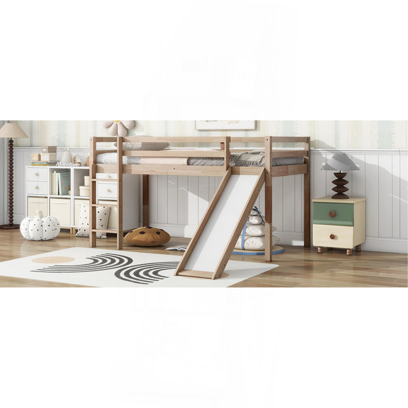Lit simple mezzanine bas avec glissade, échelle, barrières de sécurité, lit mezzanine simple en bois d'hévéa, naturel