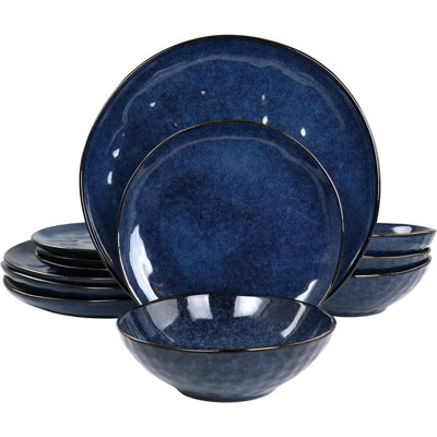 Service de vaisselle en grès 12 pièces, service pour 4, assiettes et bols texturés, va au micro-ondes et au lave-vaisselle, bleu