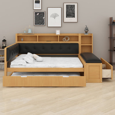 Modern Daybed  with Trundle, Storage Shelves, Bench,  and Upholstered Headboard