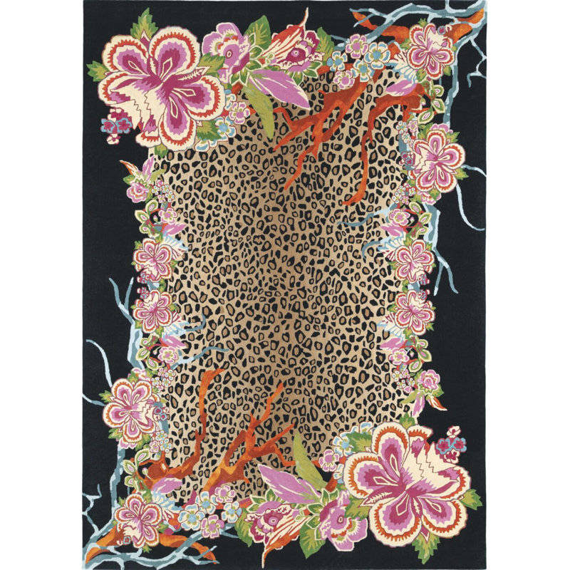 Jungle Forest Hand Tufted Wool Floral Area Rug in Brown/Black/Pink, Rectangle 8'2" x 11'6"