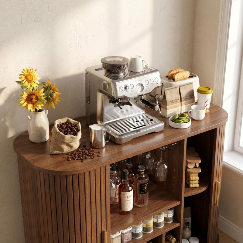Armoire de bar moderne avec porte-bouteilles et porte-verres, buffet de cuisine avec rangement, Walnut
