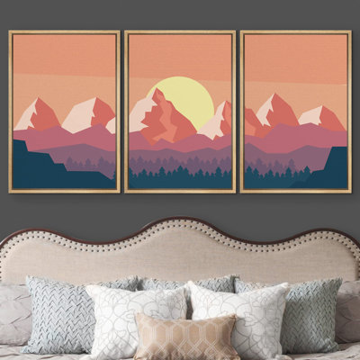Abstract Mountain " Western Decor Abstract Nature Artwork Illustration V Sun And Mountains Minimal Landscape " 3 - Pieces