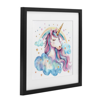 Cute Happy Unicorn & Rainbow Framed Print Under Glass, design by Creative Studio