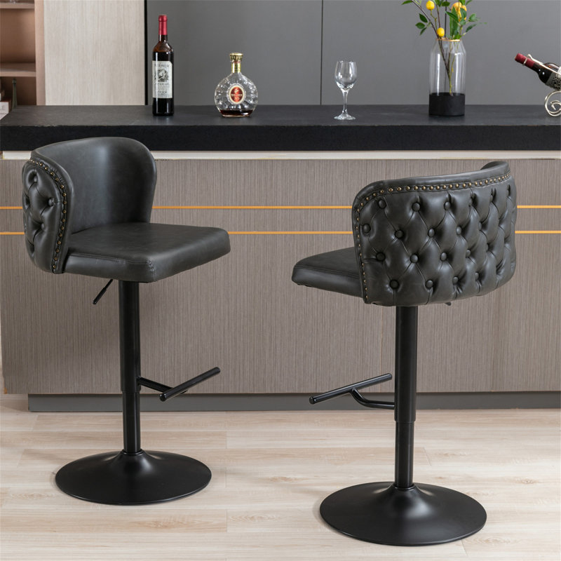 Jeneanne Upholstered Adjustable Height Counter Stool, Dark Gray Leather, Black