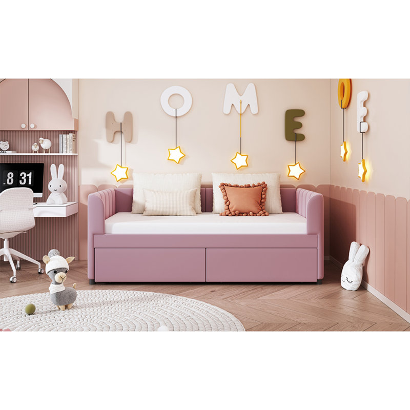 Lit de jour rembourré avec dossier ergonomique et 2 tiroirs, Rose