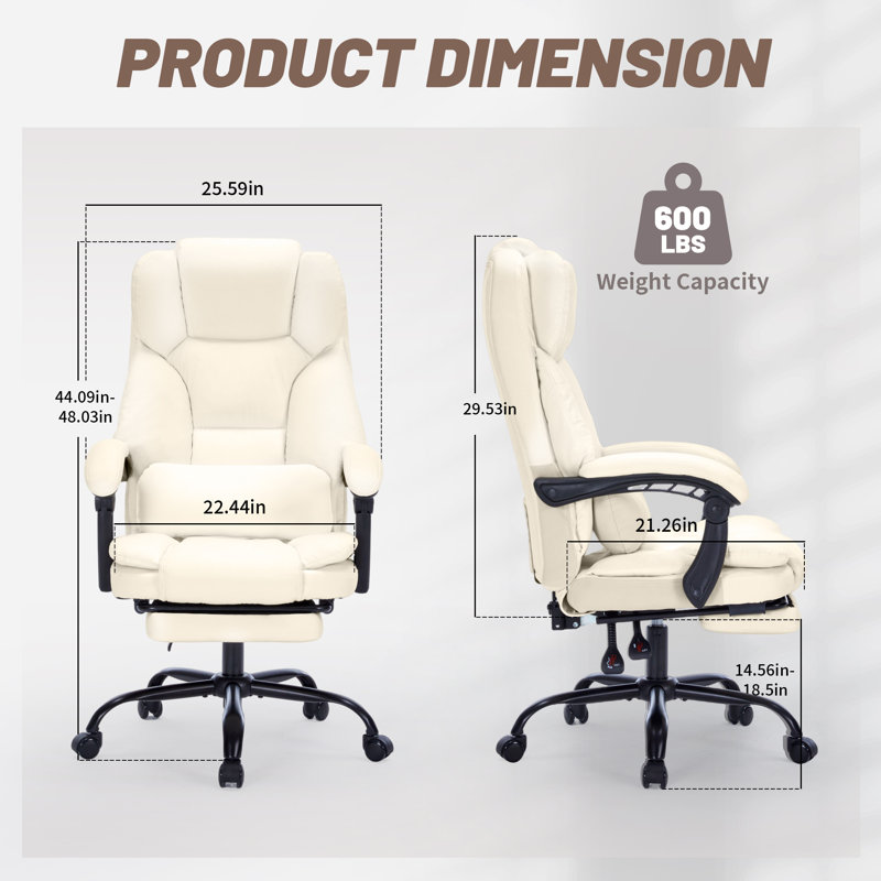 600lbs Big And Tall Pu Leather Executive Office Chair, Reclining Backrest Up To 155°, Spring Cushion Seat, Lumbar Support & Adjustable Armrests For Office Or Conference Room