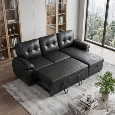 Canapé d'angle convertible de 88,5 pouces en tissu métallisé imitation cuir avec méridienne de rangement et accoudoirs rembourrés moelleux