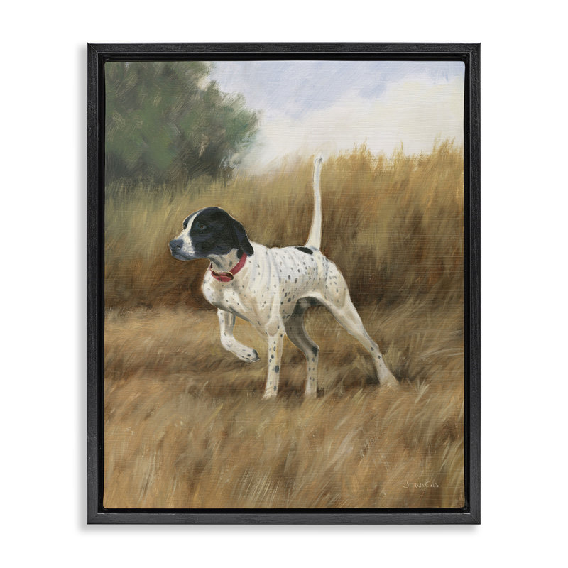 Chien pointeur dans un champ, H 25 po x l 31 po, Cadre flottant noir de jais