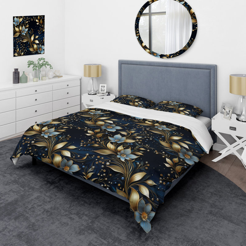 Ensemble de housse de couette Midnight Blue And Golden Floral, Housse de couette simple + 1 taie décorative stan