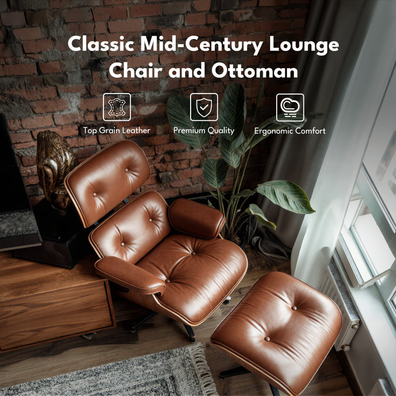 Genuine Leather Swivel Lounge Chair With Ottoman, Brown/Walnut