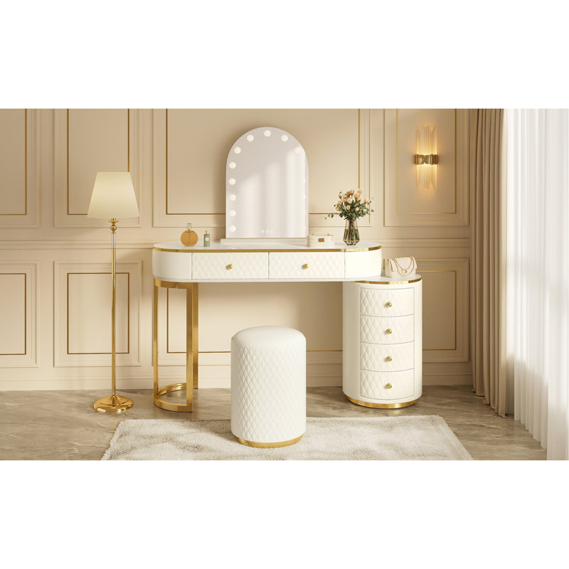 Luxury Makeup Vanity Desk with 3-Color LED Mirror & Stool, Adjustable Length Vanity Table with Movable Side Cabinet, 6 Drawers Storage, Marble-Look Sticker Top, PU Leather Drawers, Gold Stainless Stee