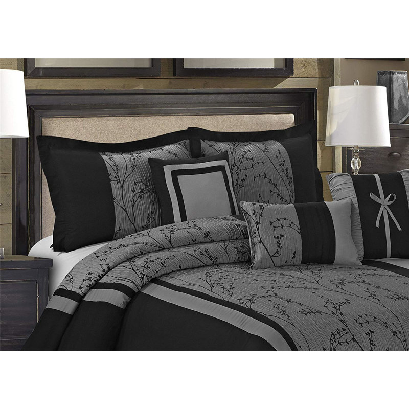 Dolmen Traditional Polyester Floral Comforter, King Comforter + 6 Additional Pieces, Gray