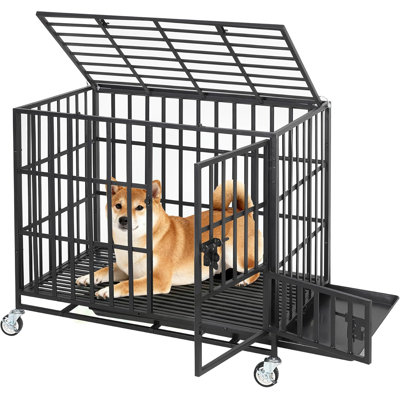 Cage pour chien robuste 36 po, chenil d'intérieur en métal à l'épreuve des fuites avec 3 portes, plateau amovible et roues pour chiens de taille moyenne / grande