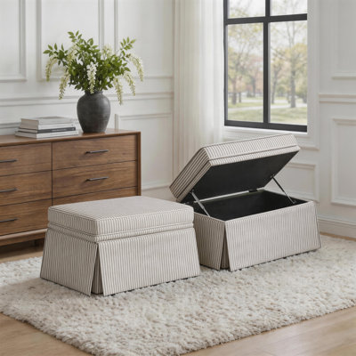  Upholstered Coffee Striped Skirted Rectangular Storage Ottoman with Lift-Top (Set of 2)