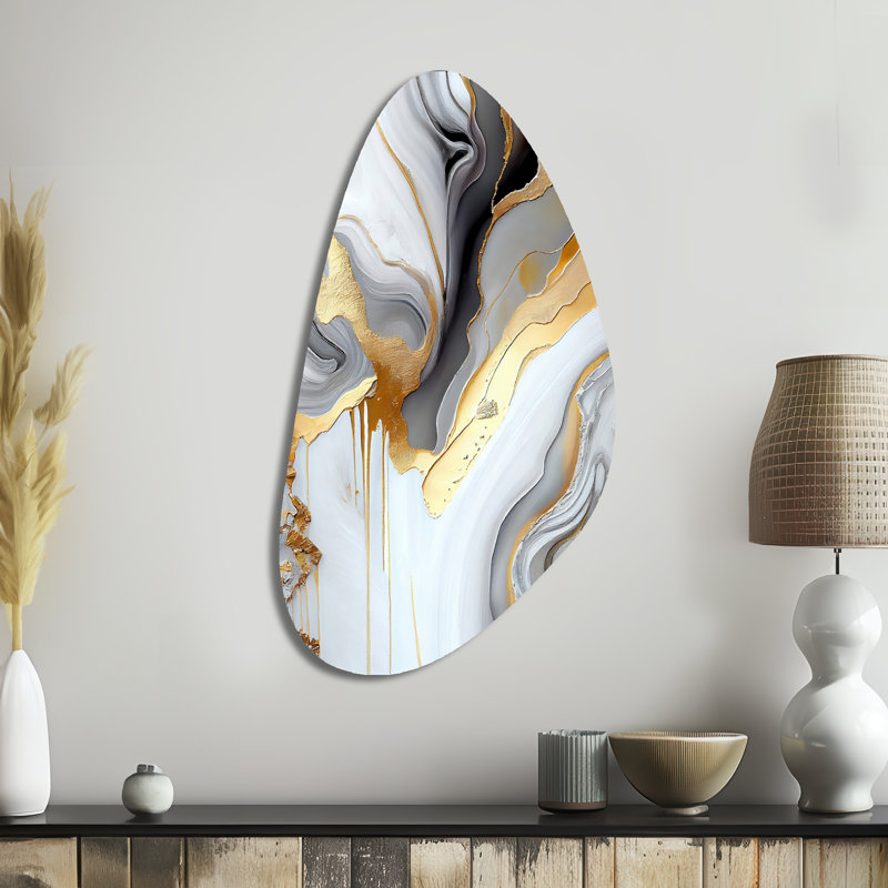 White And Gold Marble Abstract II - Marble Asymmetrical Metal Print, Modern Unique Shape Metal Wall Art, 39" H x 21" W x 1" D