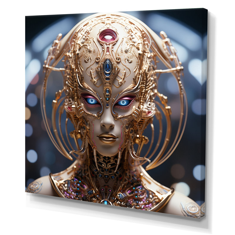 Sci-Fi, portrait d'une déesse futuriste dorée - Portraits abstraits, décoration murale, H 36 po x l 36 po x P 1,5 po
