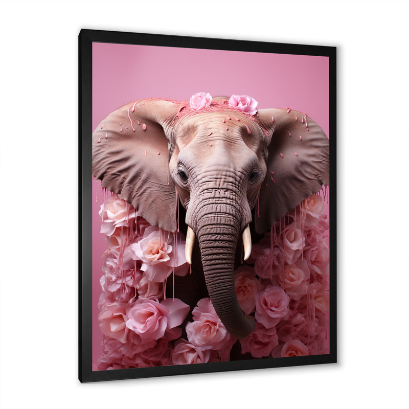 «Pink Romantic Blooms Elephant II», reproduction sur toile, H 40 po x l 30 po x P 1,5 po, Cadre simple noir