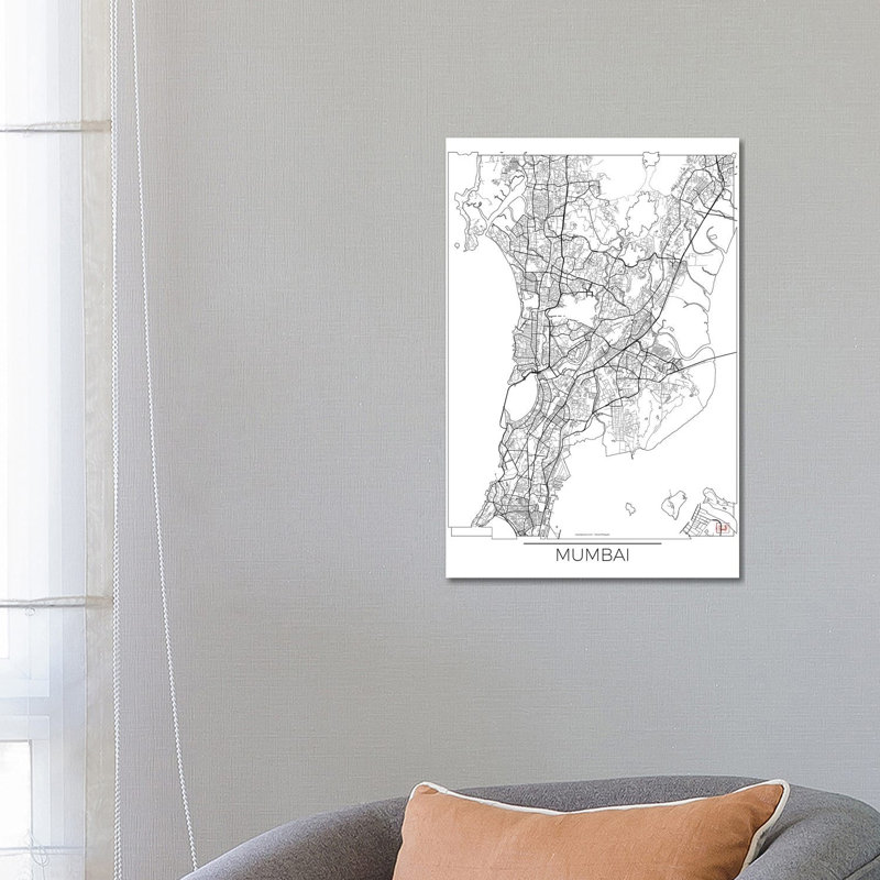 Mumbai Minimal Urban Blueprint Map 1 Piece Wrapped Canvas Wall Art, 66.04 cm H x 45.72 cm W