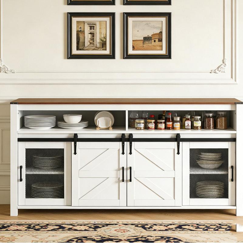 Buffet de ferme avec rangement ouvert 59,3 po avec porte de grange coulissante et panneaux grillagés, Brun / blanc