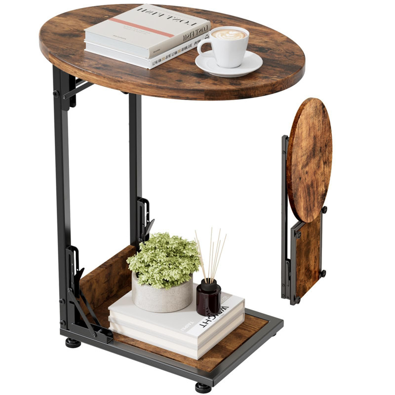 C Shaped, Foldable Round With Metal Frame Side Table