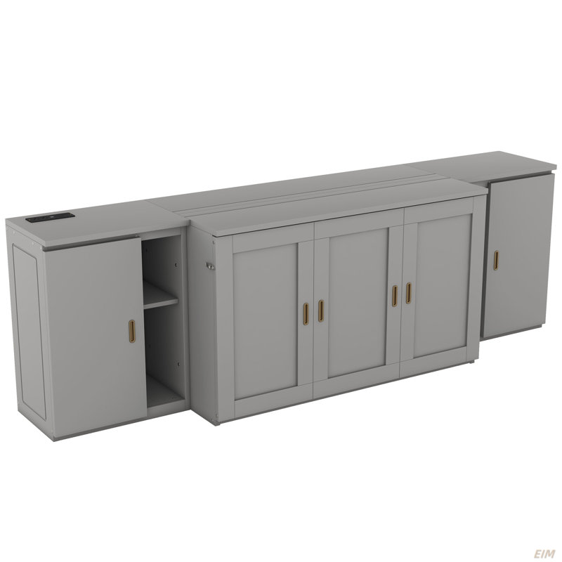 Lit escamotable double avec tablettes, armoires et ports USB (lit), Gris