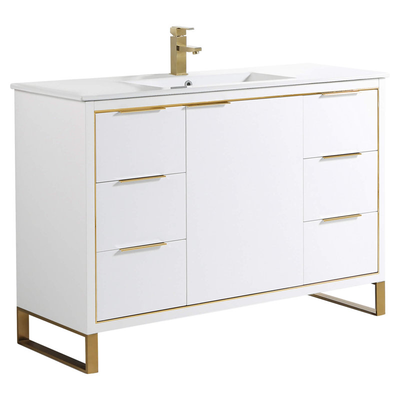 Ensemble de meuble-lavabo simple 48 po, Laiton satiné, Blanc
