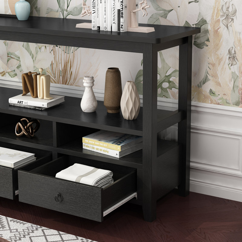 Console 57,9 "à 3 tiroirs, table d'entrée avec tablettes de rangement, Noir, noir, noir, noir