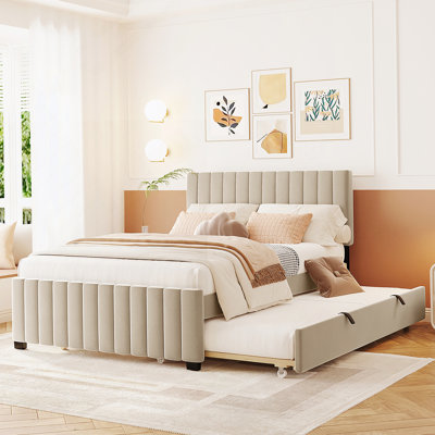 Lit plateforme tapissier double en velours avec lit gigogne simple, beige