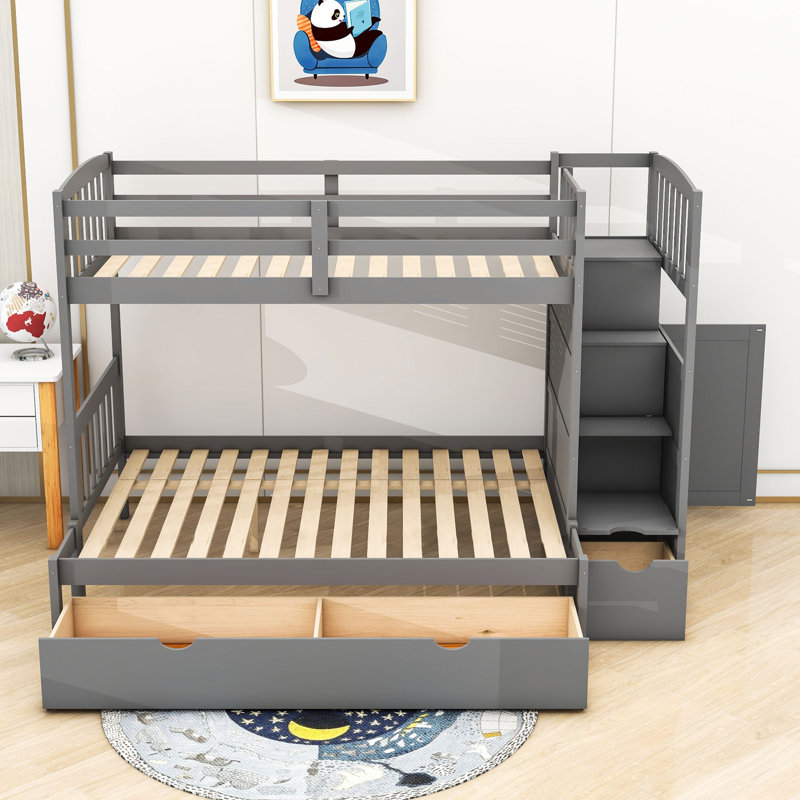 Lit superposé simple en bois avec étagère à 3 tiroirs Emmersyn, gris