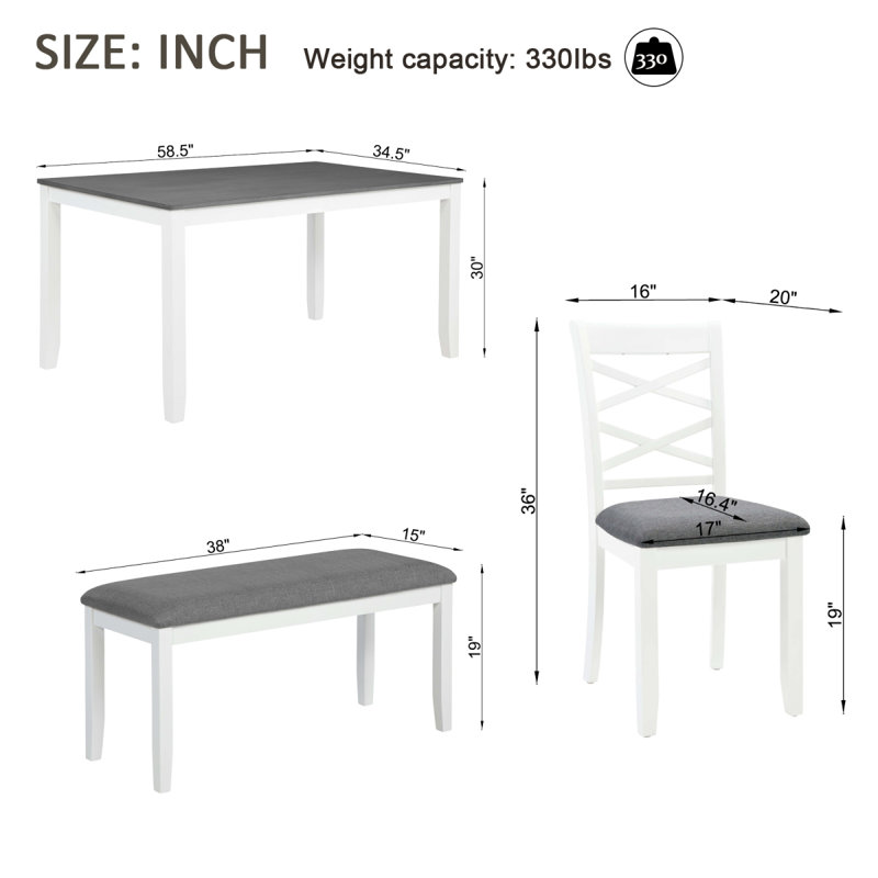 Ensemble de table à manger 6 pièces avec banc, ensemble de table à manger en bois pour 6 personnes, ensemble de table à manger moderne pour 6 personnes pour la salle à manger, cuisine, gris et blanc deux tons