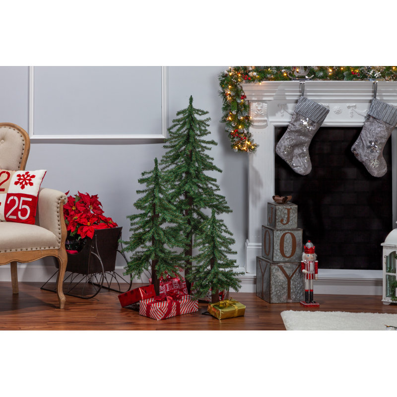 Set of 3 Unlit Green Alpine Christmas Trees with Metal Base
