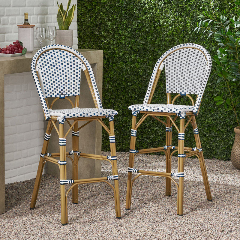 Battista Polyethylene (PE) Wicker Outdoor Stool, Blue/White
