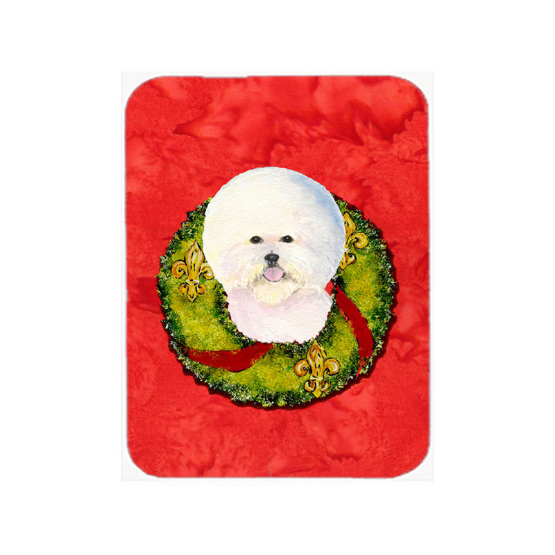 Le sapin des fêtes® Bichon frisé dans une planche à découper en verre pour couronne de fleurs